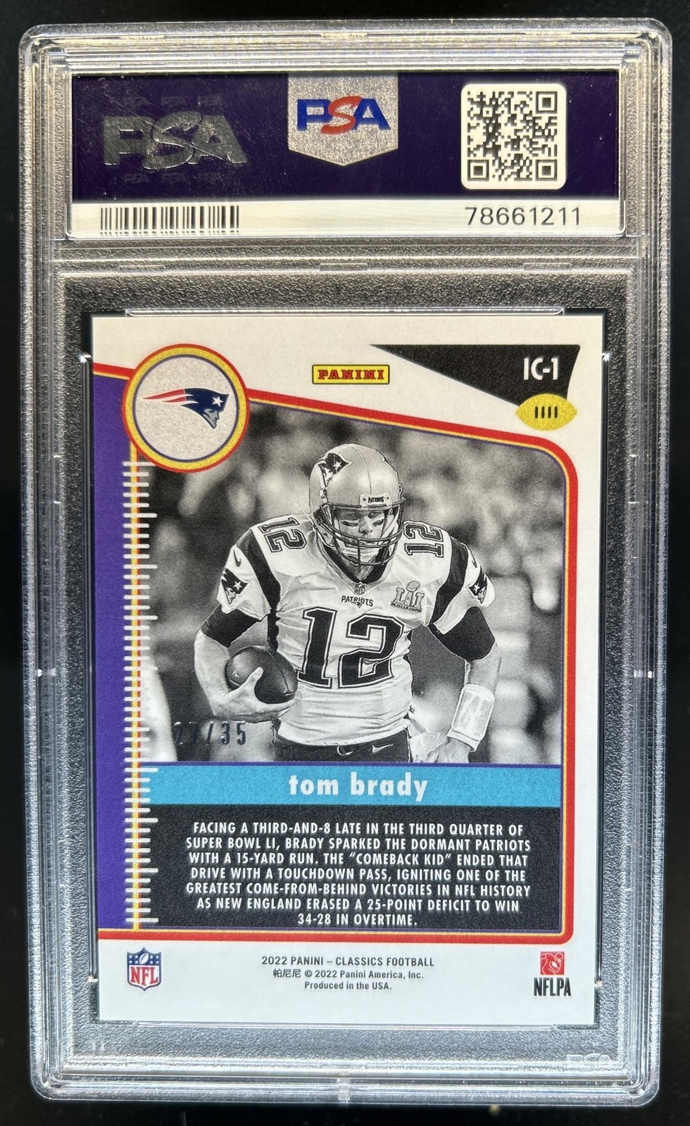 2022 Panini Classics Tom Brady Instant Purple #/35 Patriots PSA 9 view 2