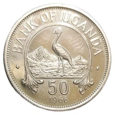 1966 Uganda 50 Cents Proof Coin African Crowned Crane Bird KM 4