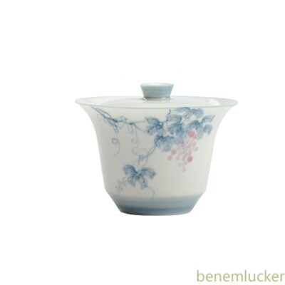 Hand Painted Grape Vine Gaiwan for Tea Porcelain Tureen White Chinese Tea Bowl