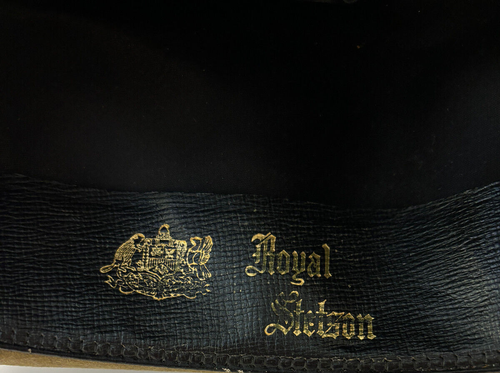 VTG Royal Stetson Fedora Fur Felt Hat Olive Green Ribbon Band Feather 7 1/8 - Picture 7 of 7