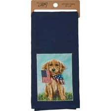 Primitives by Kathy Golden Retriever Puppy with Flag Kitchen Towel NWT