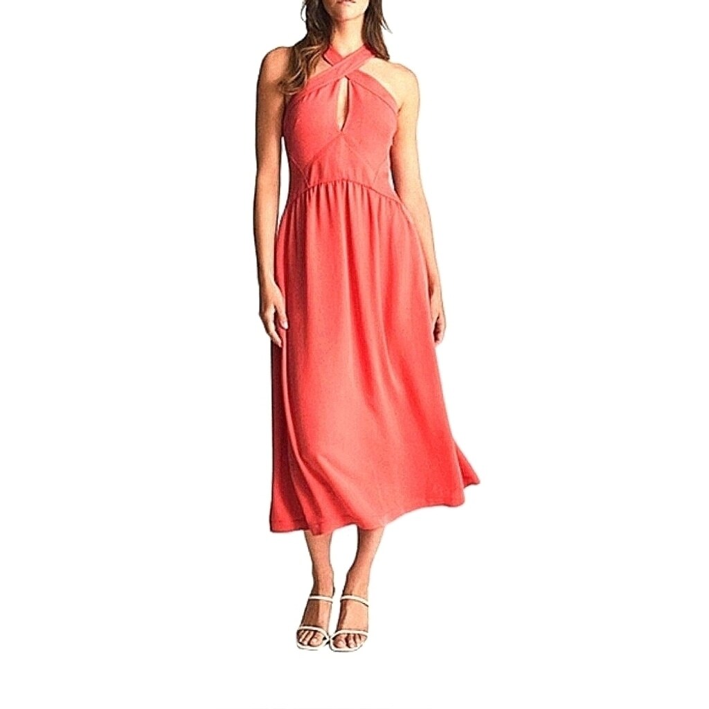 REISS ORLA HALTER NECK CORAL MIDI DRESS