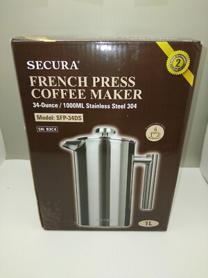 SECURA French Press Coffee Maker SFP-34DS Stainless Steel 1L - NIB
