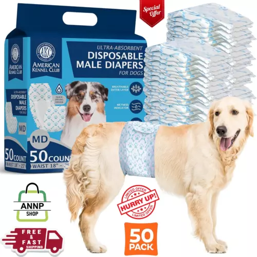American Kennel Club Male Dog Wrap, Disposable MD Waist Size 18 - 25 in 50 count
