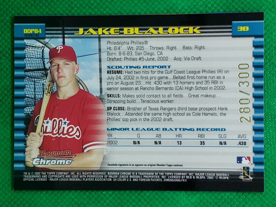 Jake Blalock 2002 Bowman Chrome #BDP84 Rookie Refractor SN 280/300 - Phillies - Image 2 of 2