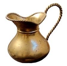 Vtg Solid Brass Pitcher w Rope Handle and Trim