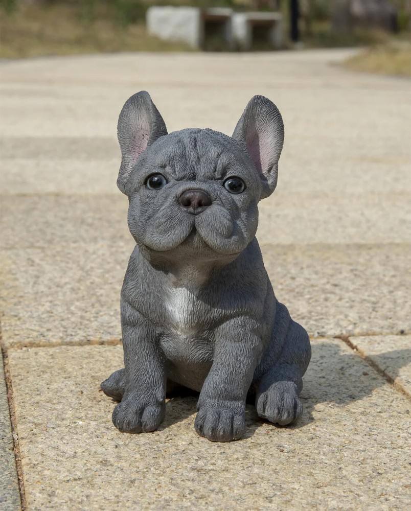 Sitting Blue French Bulldog Puppy Dog - Life Like Figurine Statue Home Garden