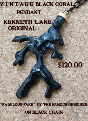 Kenneth Lane Vintage Coral Branch Pendant on Black Chain.