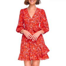 Eliza J Siz 6 Orange Blue Floral 3/4 Sleeve V-Neck Short Dress A-Line Ruffle B50