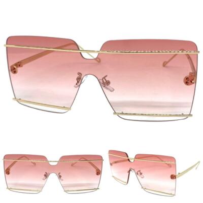 Oversize Classy Modern Contemporary Shield SUNGLASSES Large Gold Frame Pink Lens