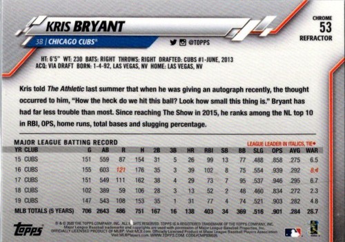 2020 Topps Chrome #53 Kris Bryant X-Fractor Refractor - Picture 2 of 2