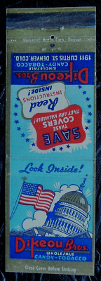 Dikeou Bros. Wholesale Candy/Tobacco-Denver-Match Book Cover-Ads FREE Cigs 
