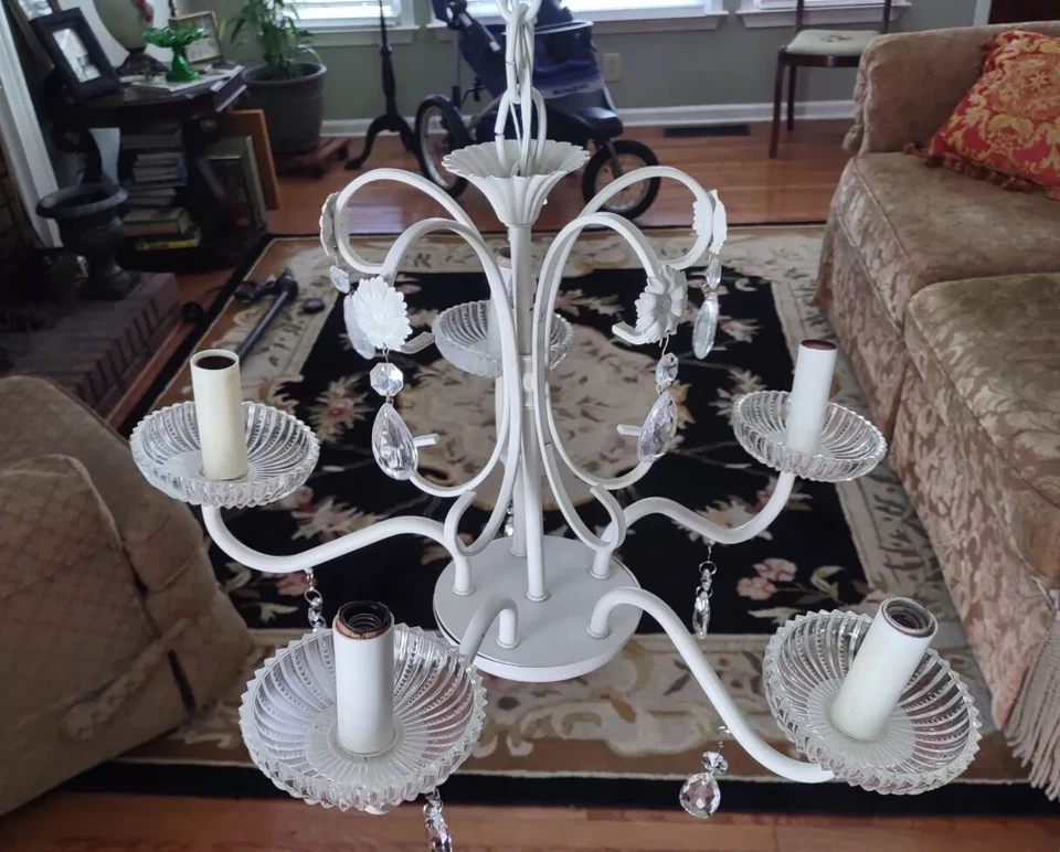 Tole Chandelier floral White 5 light crystals Shabby Chic Vintage Tole 18"X 14" - Image 2 of 4