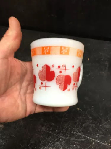Vintage Fire King Red Orange White Milk Glass Coffee Mug