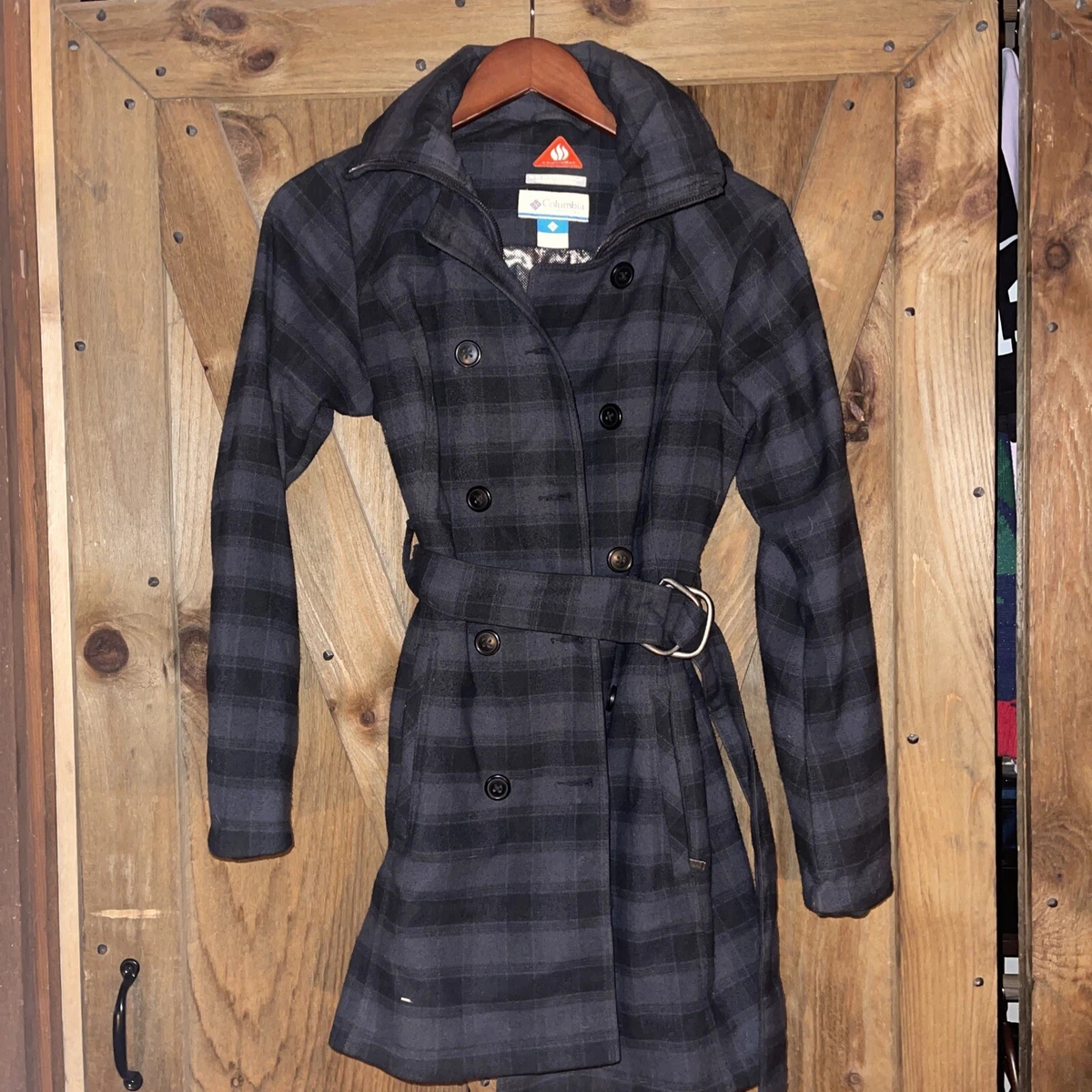 COLUMBIA Womens Belted Omni Heat Trench Coat Black Gray Plaid Remove Hood XS