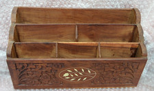 Beautiful large Inlaid Marquetry Carved Wooden Letter book Rack Box, desk Office