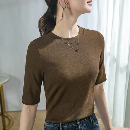 Women Short Sleeve Bottoming Blouse Round Neck Basic Shirt Slim Fit Ribbed Top - Picture 2 of 10