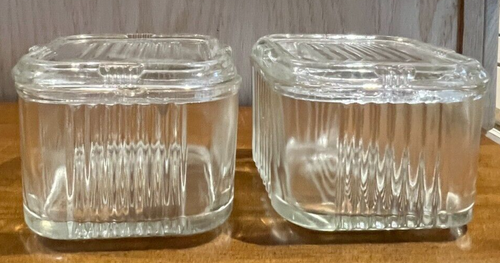 Vintage Hazel Atlas Clear Refrigerator Lidded Dishes 4” Square Set of 2 1930s - Picture 2 of 12