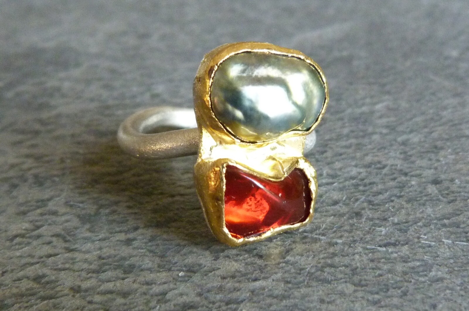 925 Silver And 24 Ct Gold Ring, 1 Fire Opal, 1 Keishi Pearl, Size 57 image 3