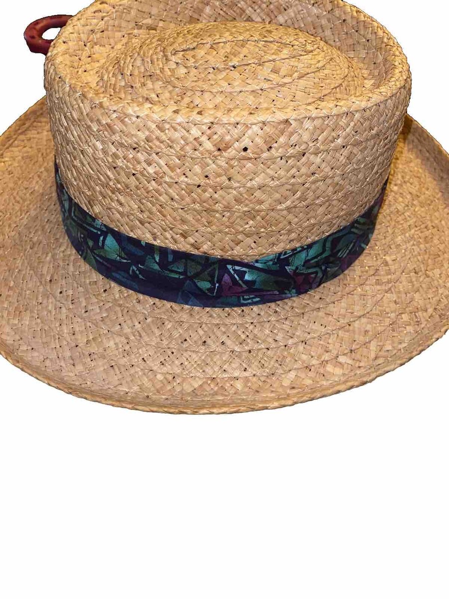 Womens Natural Raffia High Crown Boater Straw Hat Woven Straw Blue - Main Image