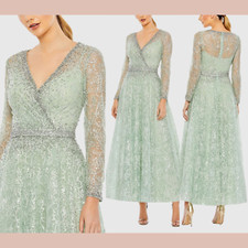NWT Mac Duggal [ 12 ] 20366 Embellished Wrap Over Long Sleeve Midi Dress J1621