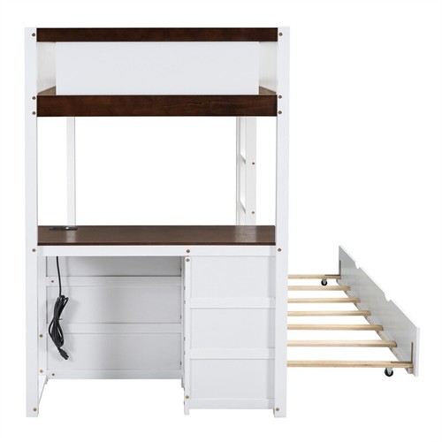 Solid Wood Twin-Over-Twin Bunk Bed w/Twin Size Trundle, Desk & 3 Storage Drawer - Picture 9 of 16