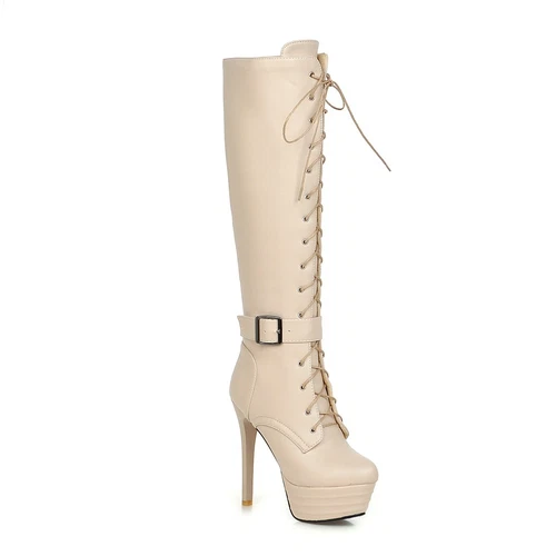 women Synthetic Leather High Heels Zipper Lace Up Shoes Knee Boots UK Size - Bild 20 von 43