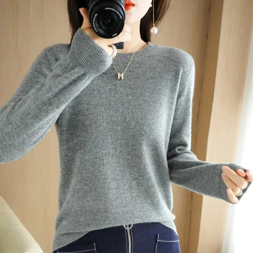 Maglione donna manica lunga scollo a O maglione fondo caldo magliette maglione - Foto 7 di 36