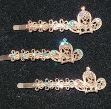 3 Vintage BOBBY PINS Hair Clip Barrettes RHINESTONES FLOWERS Crowns Formal