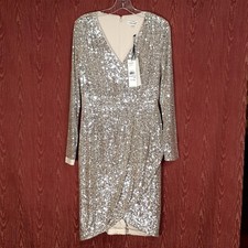 CALVIN KLEIN Women's Beige/Silver Beaded Sequined Faux-Wrap Dress Size 6