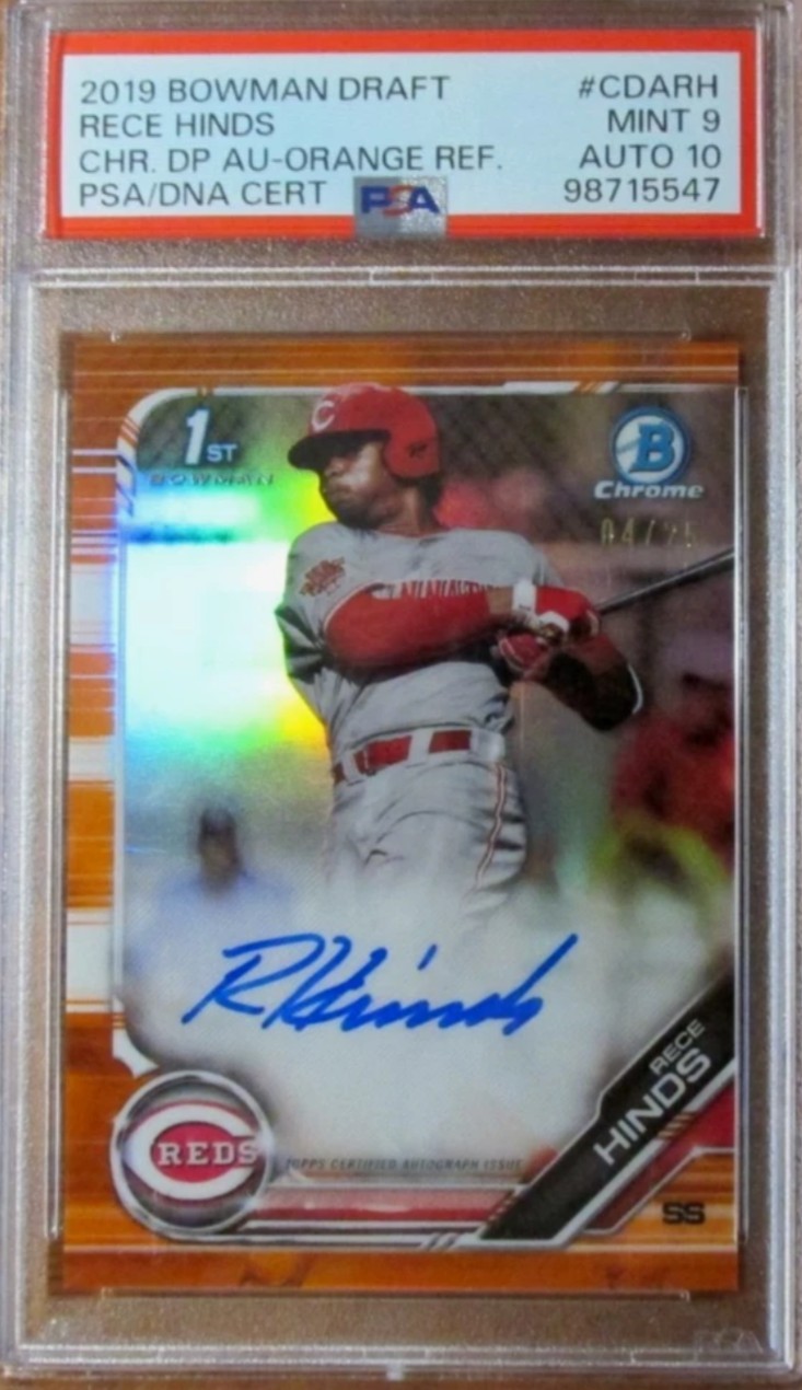 Bowman 2019 Draft Chrome Rece Hinds Rookie Auto Orange Refractor /25 PSA 9/10