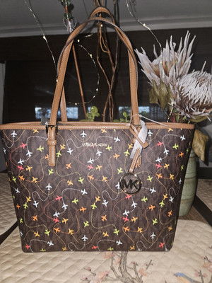 Michael Kors Jet Set Medium Carryall Airplane Print Tote-Brown NWT RETAIL...$328