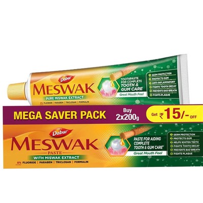 Dabur Meswak Toothpaste 400g (2x200g)Fluoride Free Herbal -No Parabens/Triclosan