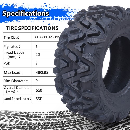 Set of 2 All-Terrain ATV/UTV Tire 26x11-12 6PR Heavy Duty, Mud & Trail Tubeless - Picture 4 of 6