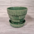 Vintage McCoy Green Basket Weave Flower Pot Planter Attached Saucer 5.5 x 6.25