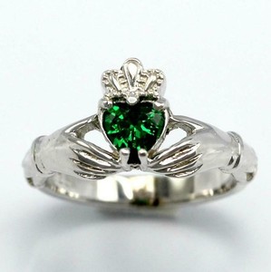 Authentic 1ct Lab-Created Emerald Engagement Ring Claddagh Irish 14k White Gold Plated