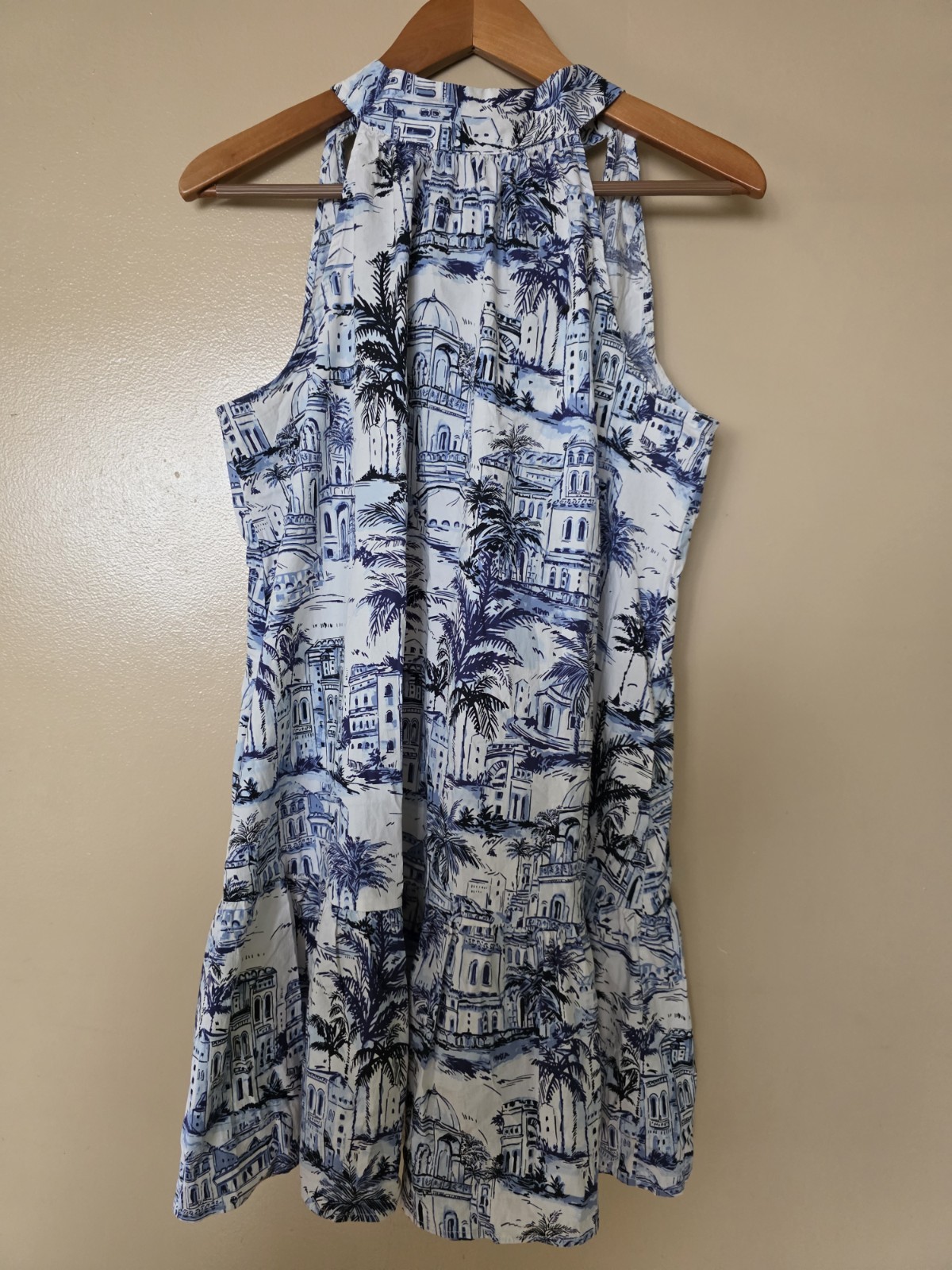 Calypso St Barth L Blue Toile Halter Mini Tiered Dress Open Back Pockets Resort