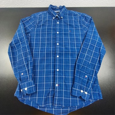 Tommy Hilfiger Shirt Mens S Blue White Plaid Long Sleeve Button Down 80s 2Ply