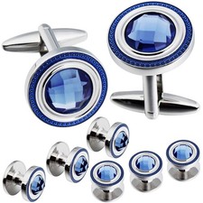 Crystal Cufflinks and Studs Sets for Men's Tuxedo Shirts,Including One Blue