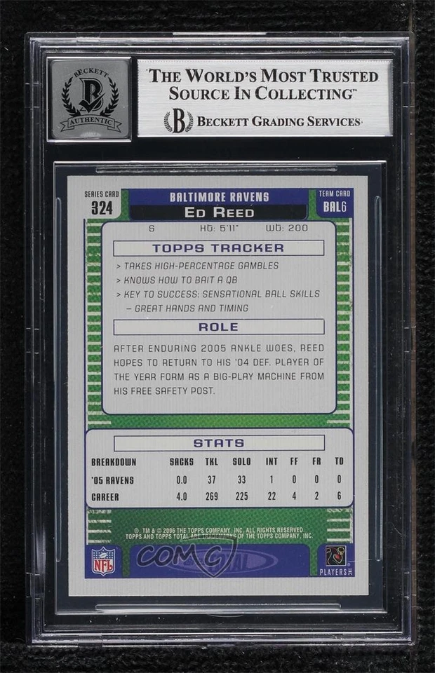 BAS 2002 Score 2002 Rookie Ed Reed #324 BGS Authentic Auto Rookie RC HOF - Image 2 of 2