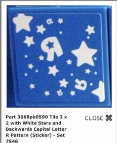 LEGO 3068pb0590 Blue Tile 2x2 White Stars With &ldquo;R&rdquo;   7848 Toys &ldquo;R&rdquo; Us Truck