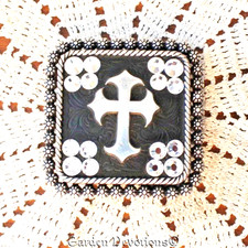 Nocona Belt Buckle 2.5 inch Square Cowgirl Up Black Rhinestone Sparkle Cross