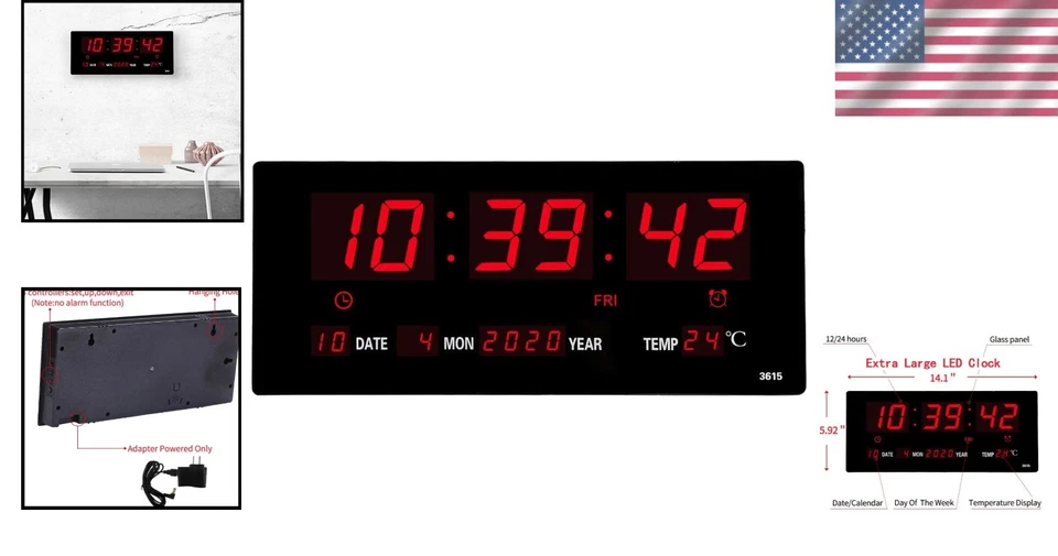 Elegant 14.1 Inch Red LED Wall Clock with Temperature Display for Home & Office - Image 2 of 4