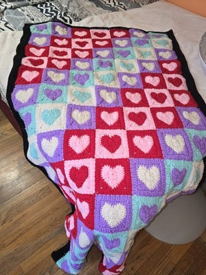 Handmade Crochet Granny Squares Hearts Colorfull Throw Valentine's Blanket