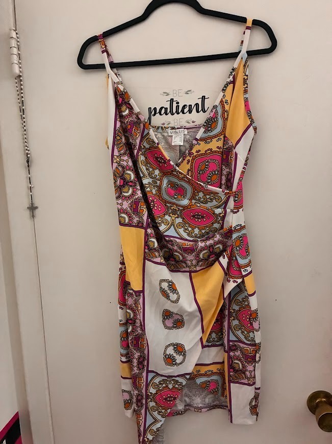 Colorful Patchwork Print Spaghetti Strap Dress – … - image 1