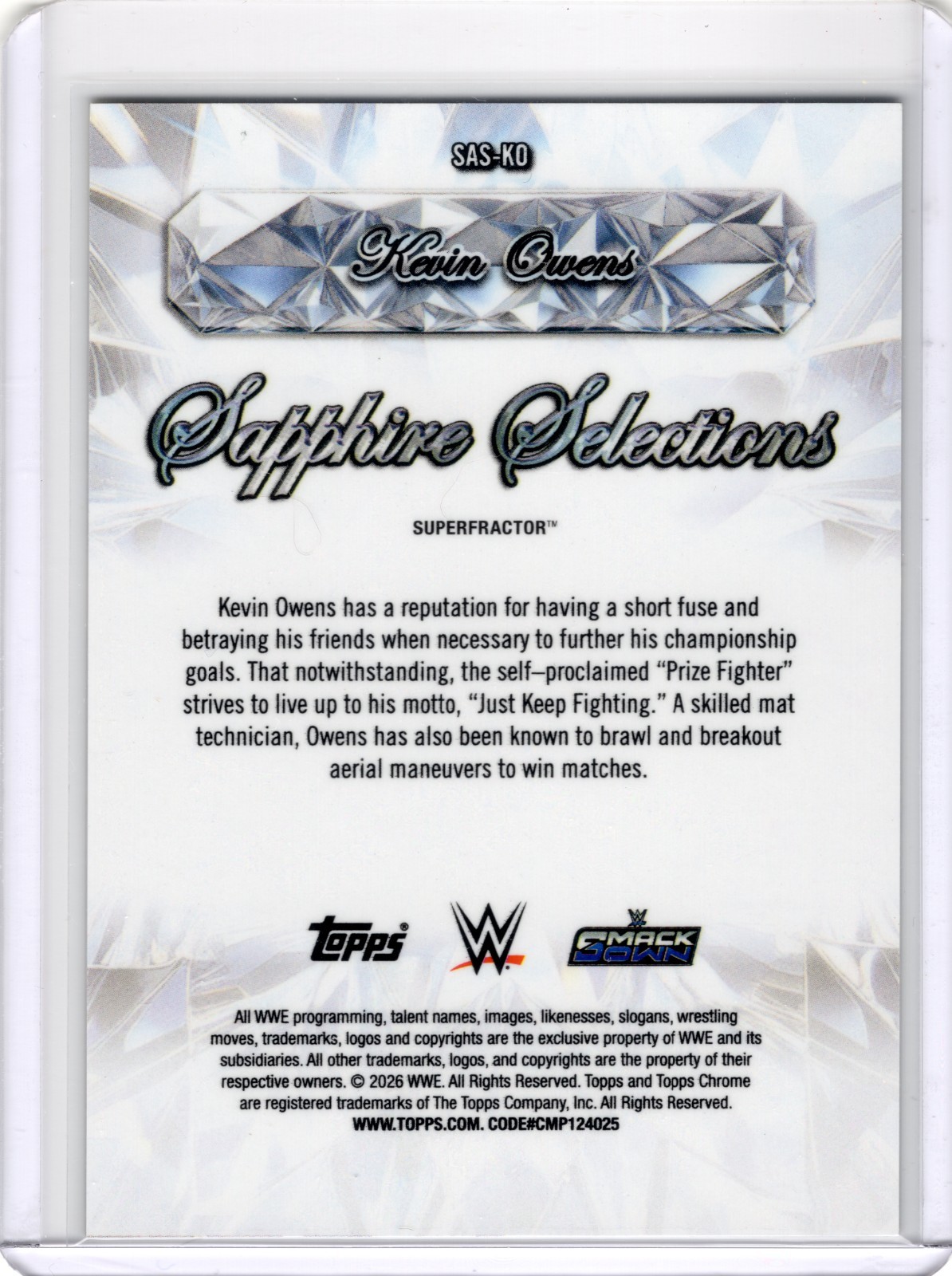 🚨 Kevin Owens 1/1 SuperFractor Sapphire Selections 2026 Topps Chrome Sapphire view 2