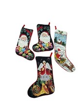 Vintage Needlepoint Christmas Stockings Lot of 4 Santa Angel Holiday Decor