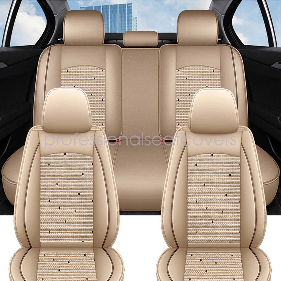 Juego completo de 5 fundas de asiento para coche Nissan seda hielo y cuero protector cojín beige Foto 2 de 4