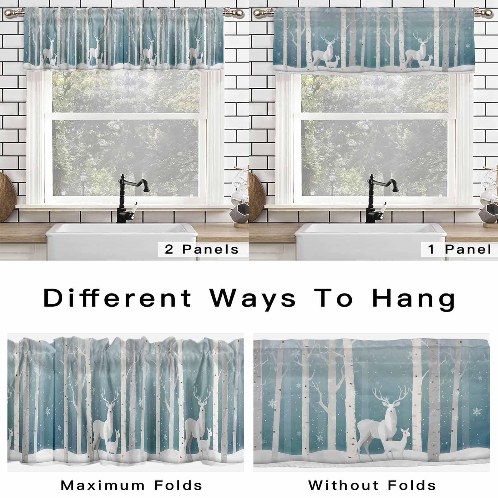 Valance Curtains-White Christmas Deer in Winter Snow Forest for Living Room,B...