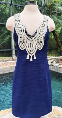 LILLY PULITZER Size 6 Navy Blue Largo Gold Embroidered Yoke Textured Dress 6